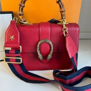 Gucci Bamboo handle Horsebit Dionysus Red Leather Satchel Purse (COA Included)